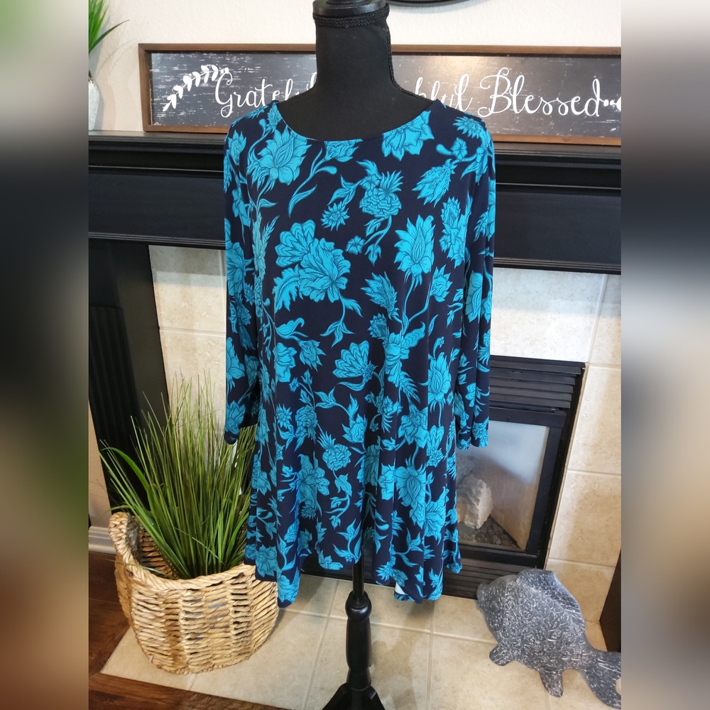 JM Collection Teal Floral Women's Tunic - Picture 1 of 9